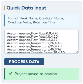 Quick Data Input panel showing example rows in the large text box, with the Process Data button beneath